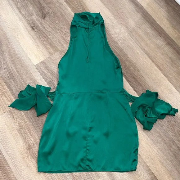 Amanda Uprichard Sandrine Mini Dress in Dark Emerald Green 100% Silk Tie Waist - Picture 11 of 15